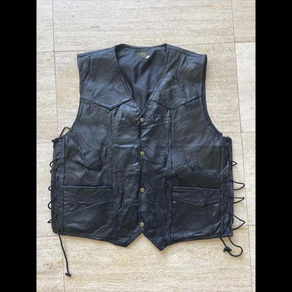 CANYON CREEK MEN L BLACK MOTORCYCLE BIKER LEATHER PATCHES VEST-LACE UP SIDES